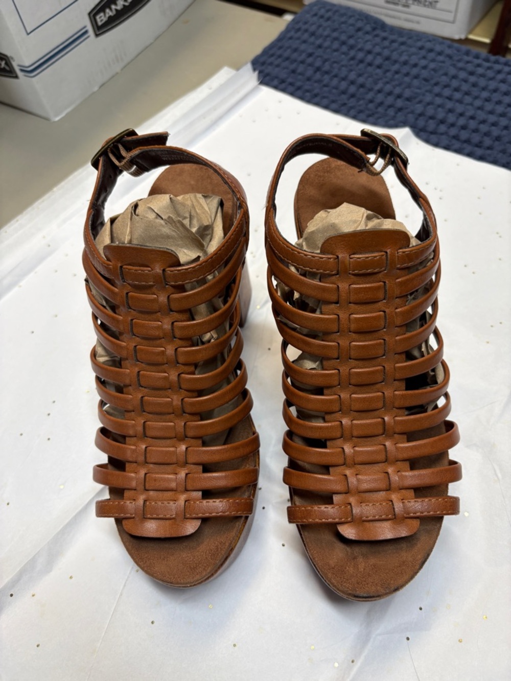 Womens Brown Strappy Cage Sandals with Ankle Buckle